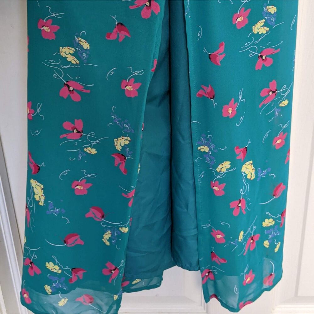 NWT Romantic Floral Maxi Dress Teal | Cottagecore Boho Sundress Pockets Slit - Picture 5 of 15